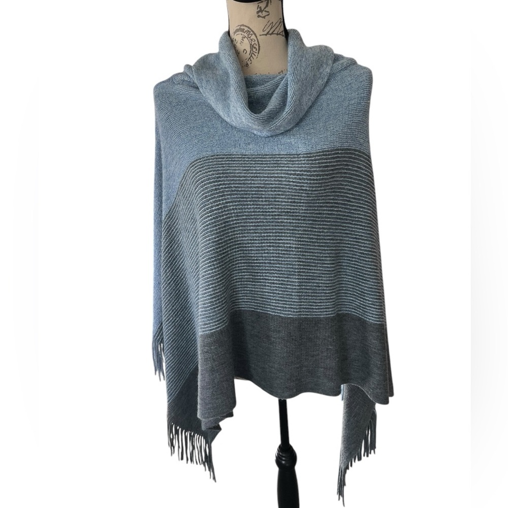Chico's blue & gray fringed poncho, one size, metallic threading cowl neck